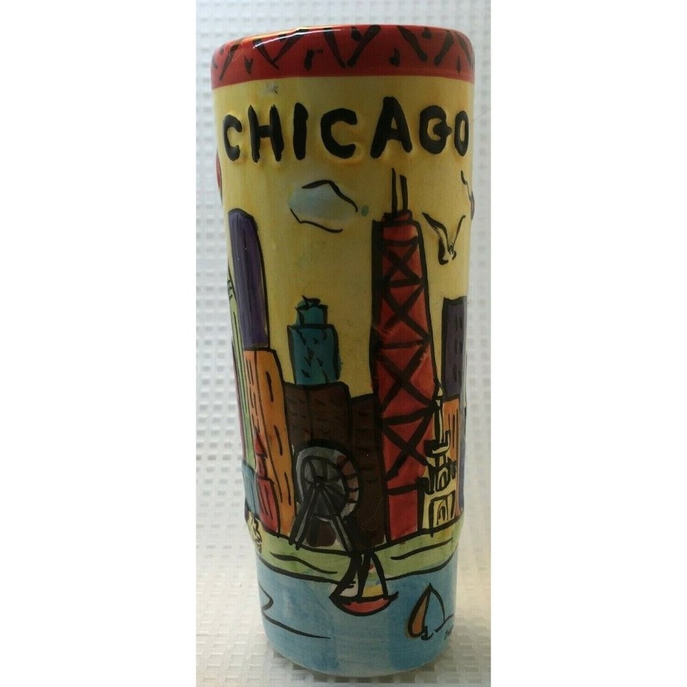 Chicago Tall Double Ceramic shot glass, skyline, birds, Lake Michigan, sailboats